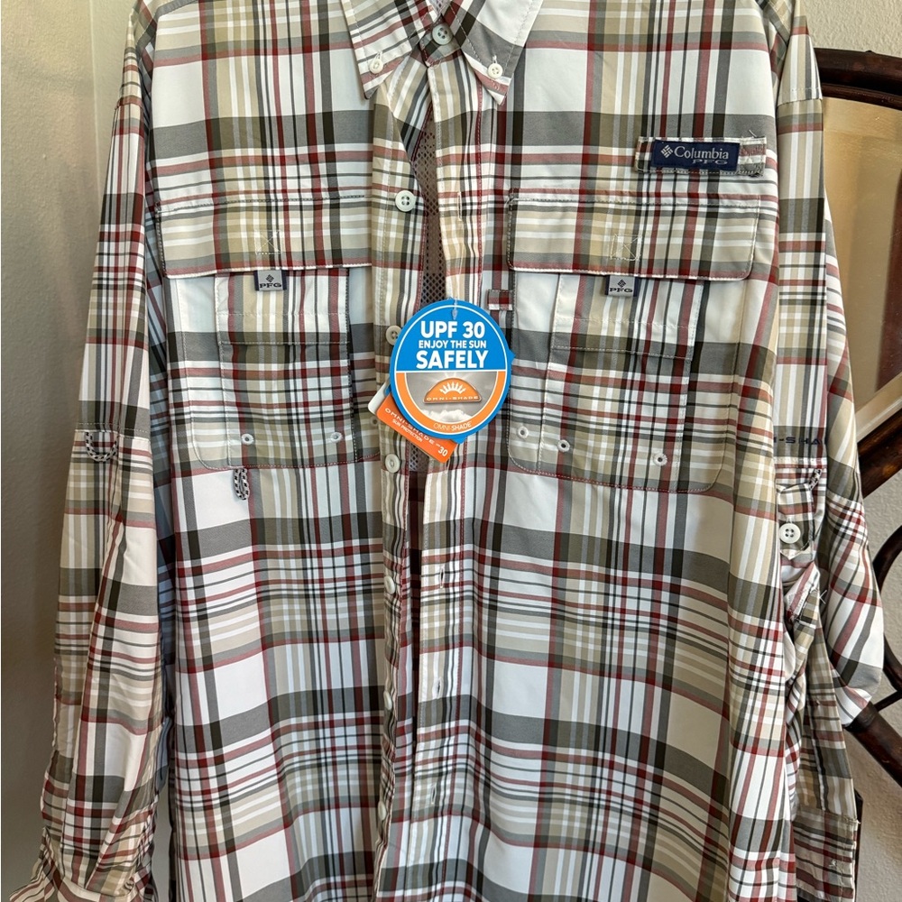 Columbia Men's Plaid Shirt - White and Brown—NWT
